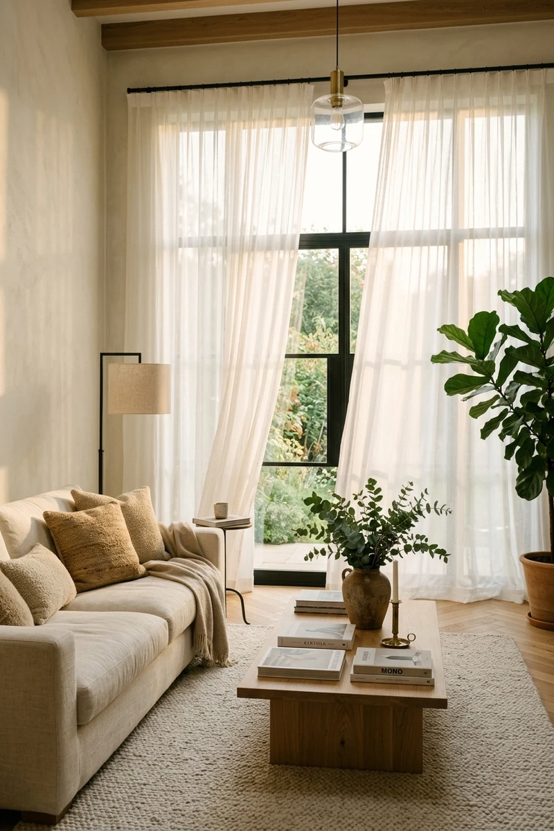 Warm sunlit living room with linen sofa and oak coffee table