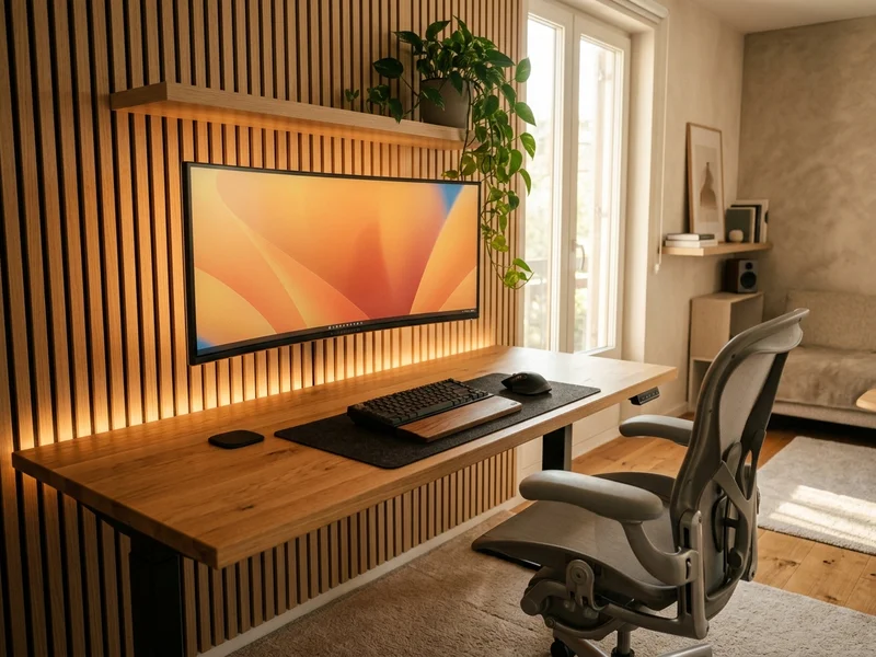 Modern gaming room with desk, monitor, ergonomic chair, shelving, and soft ambient lighting