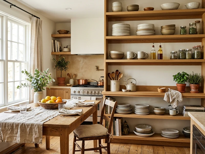 Bright welcoming kitchen with open wooden shelving, stacked ceramics, and oak dining table