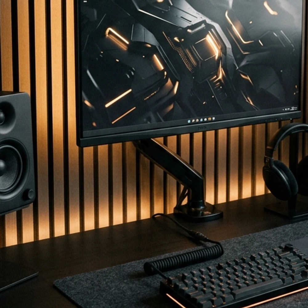 Matte black custom mechanical keyboard and optical mouse on a deep charcoal wool desk mat