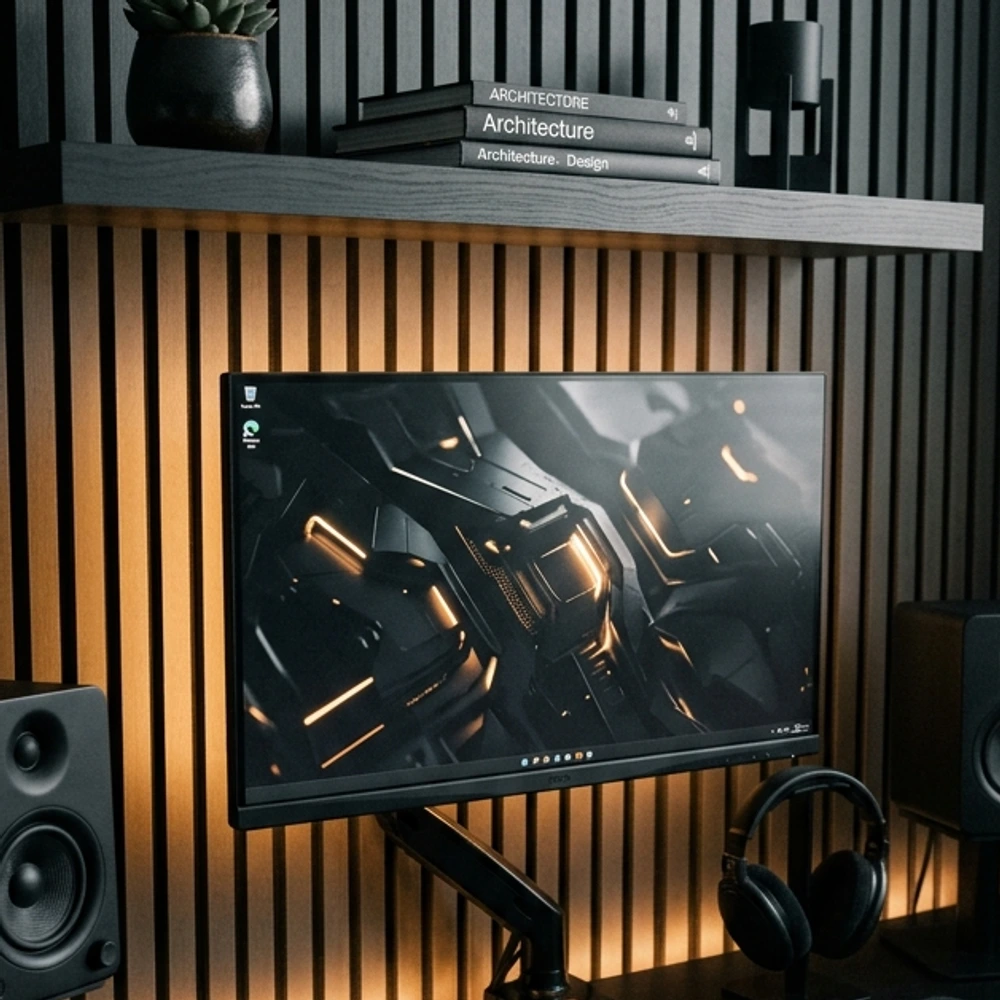 Matte black gaming desk with soft 2400K warm amber LED bias lighting glowing behind monitor