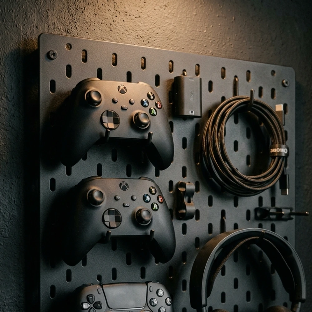 Matte black steel pegboard holding black controllers and black coiled charging cables