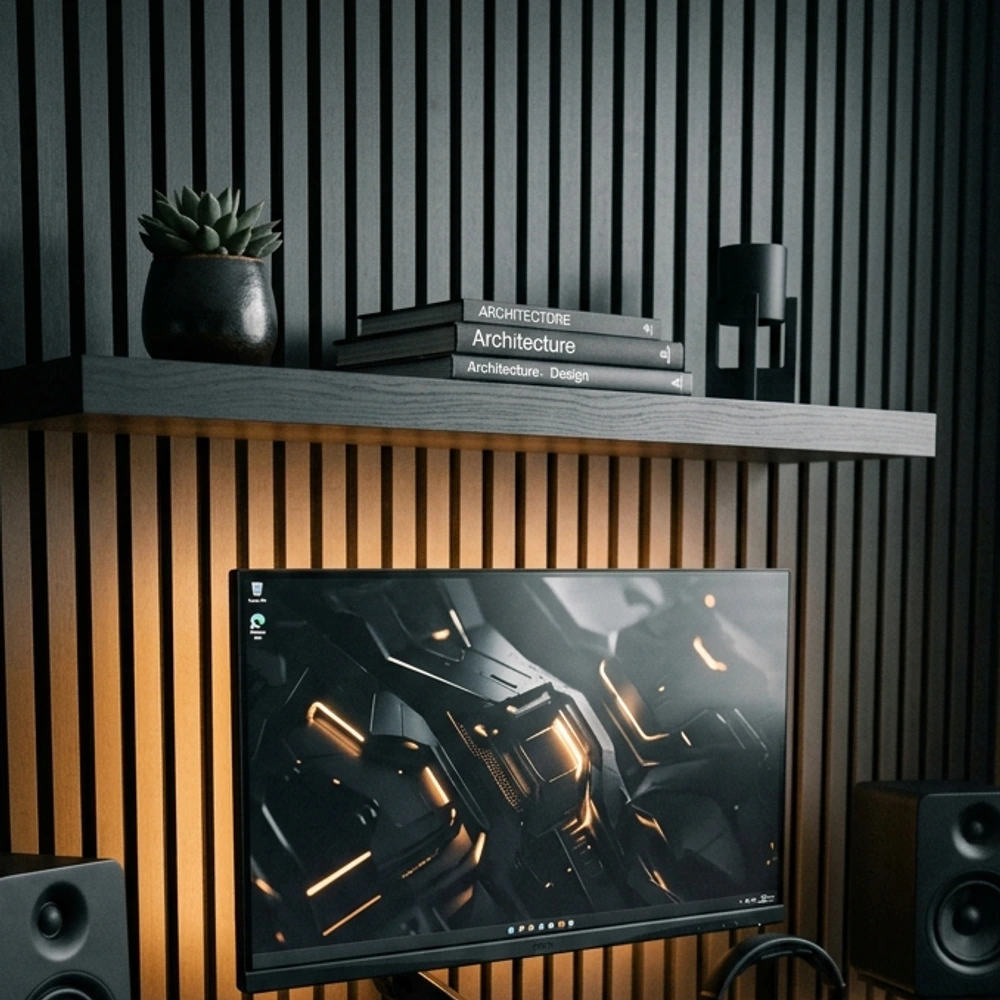Vertical black stained wood slat acoustic wall panels behind an all black battlestation