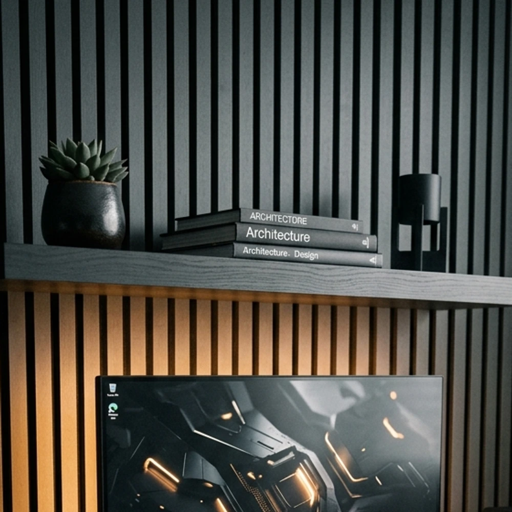 Two black stained ash wood floating shelves holding ceramic planters and black art frames