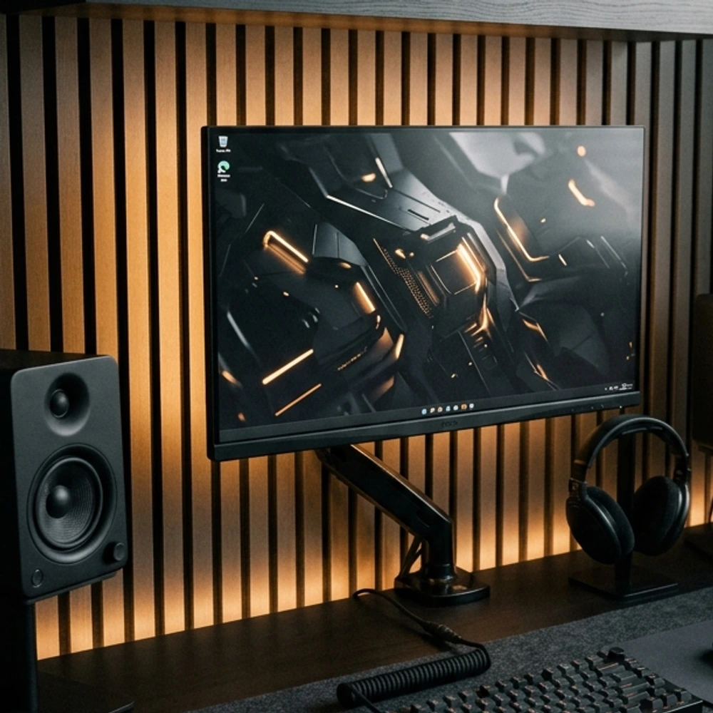 Ultra clean matte black anti-fingerprint desk surface with minimalist dark peripherals