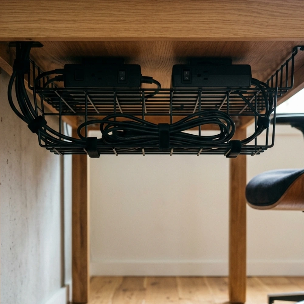 Closed black steel cable management box mounted under desk concealing all power adapters