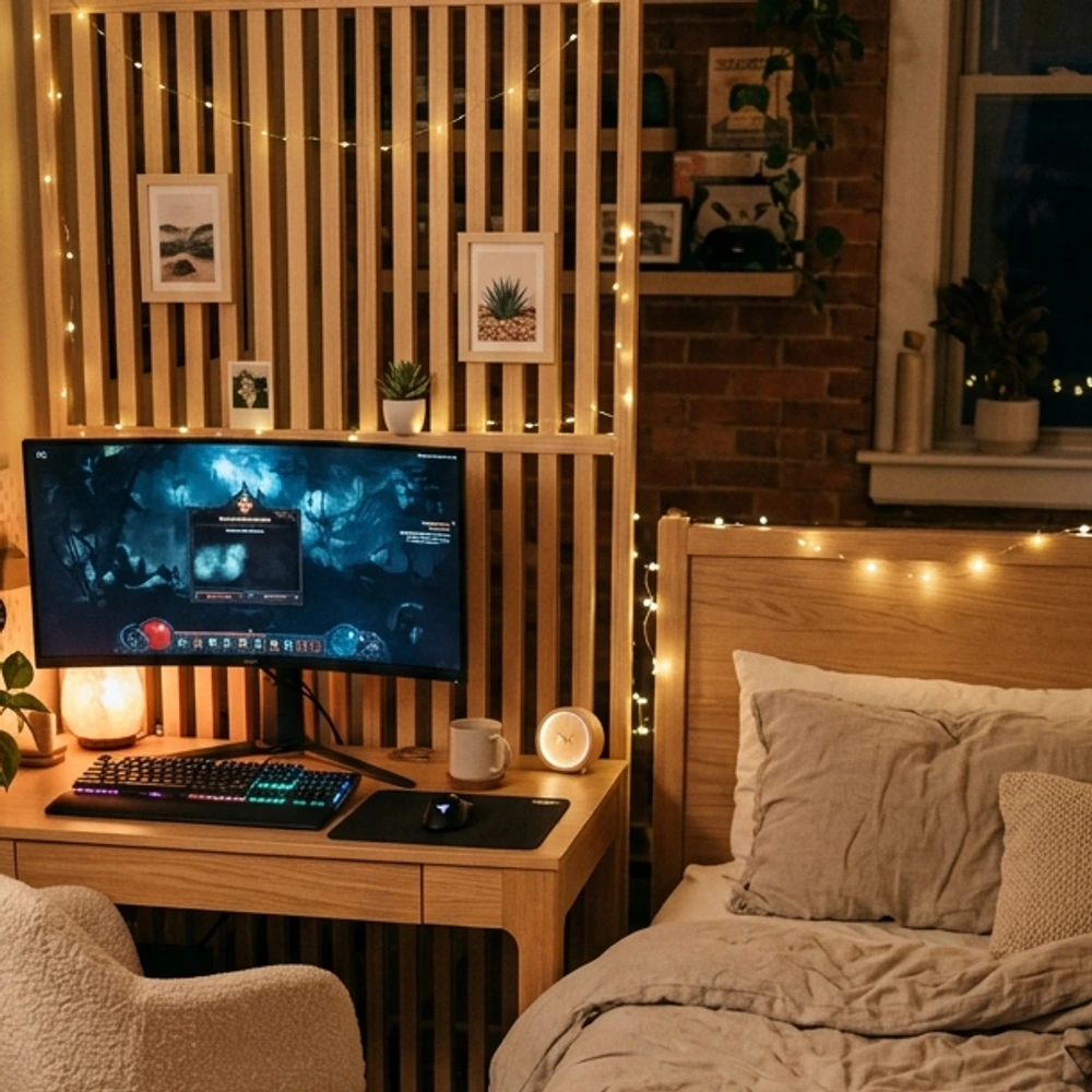 Cozy evening bedroom with 2200K warm amber backlighting glowing softly behind desk