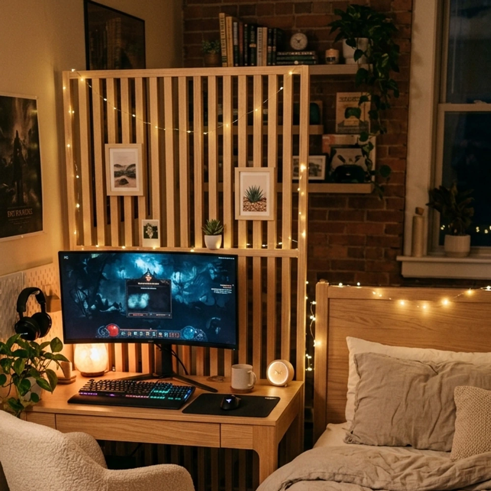 Freestanding vertical oak wood slat divider partition separating a desk from a bed