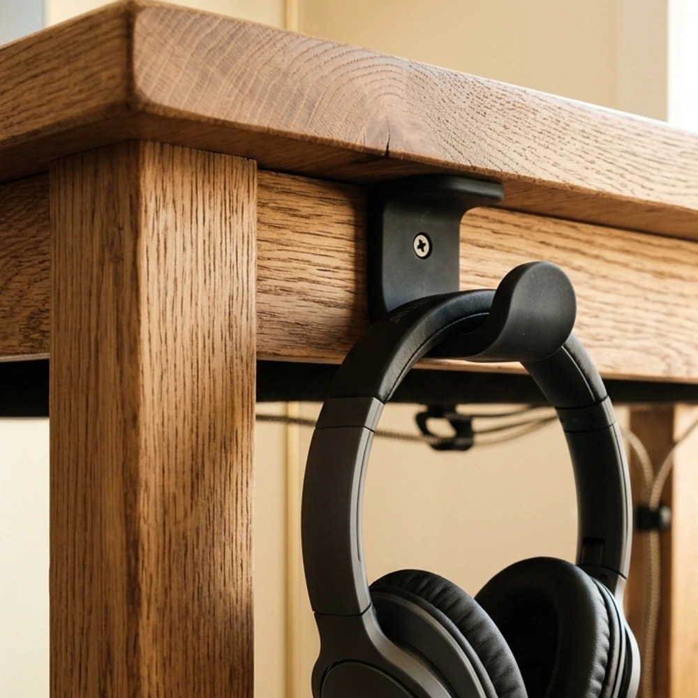 Silicone under-desk headphone hanger holding studio headphones hidden beneath wood rim