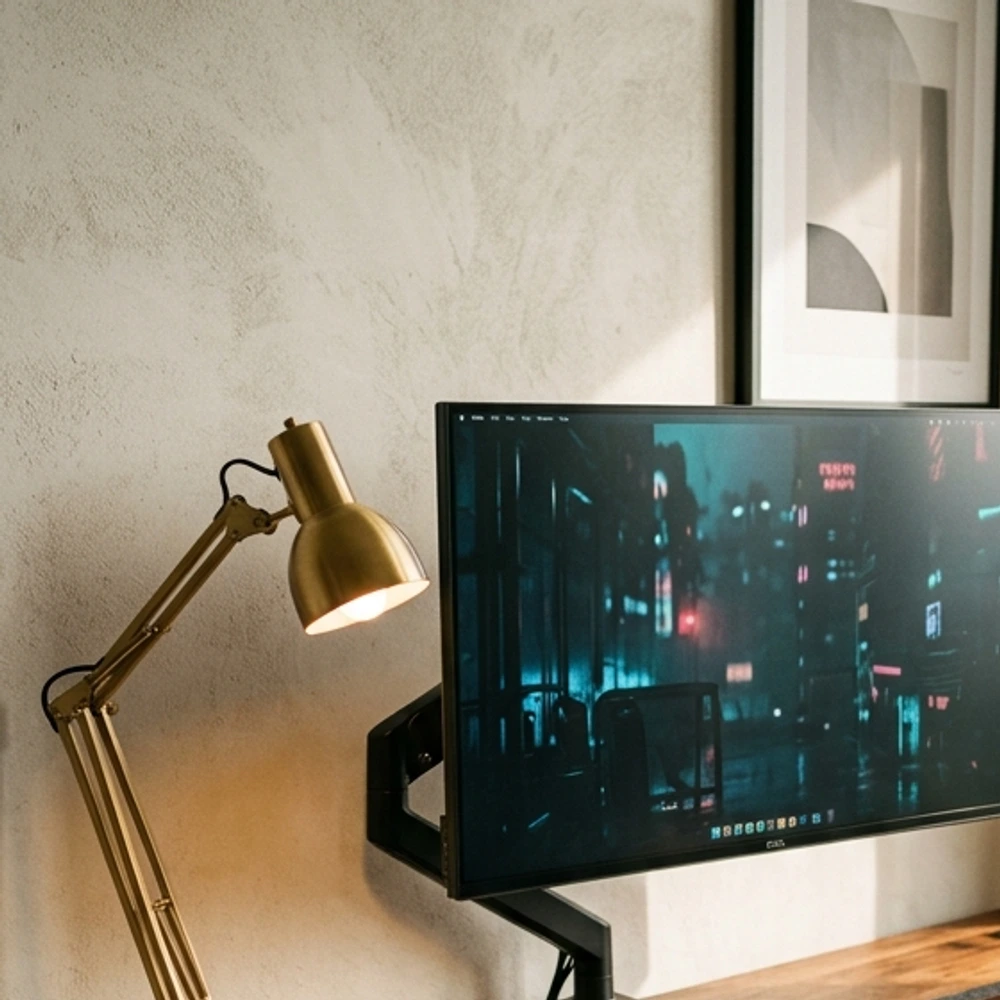 Slim black monitor lightbar clipped to a screen complemented by a brushed brass task lamp