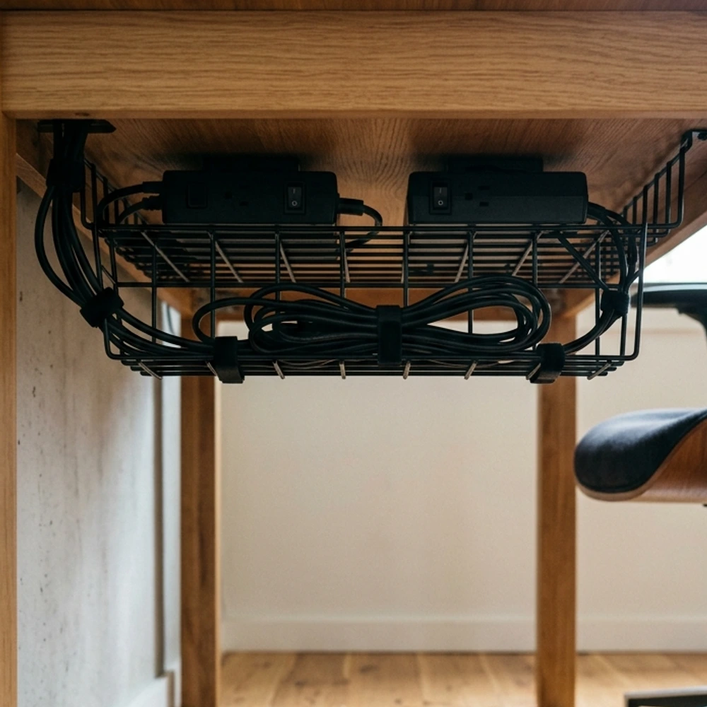 Under-desk wire management showing black steel mesh cable tray with neatly zip tied cords
