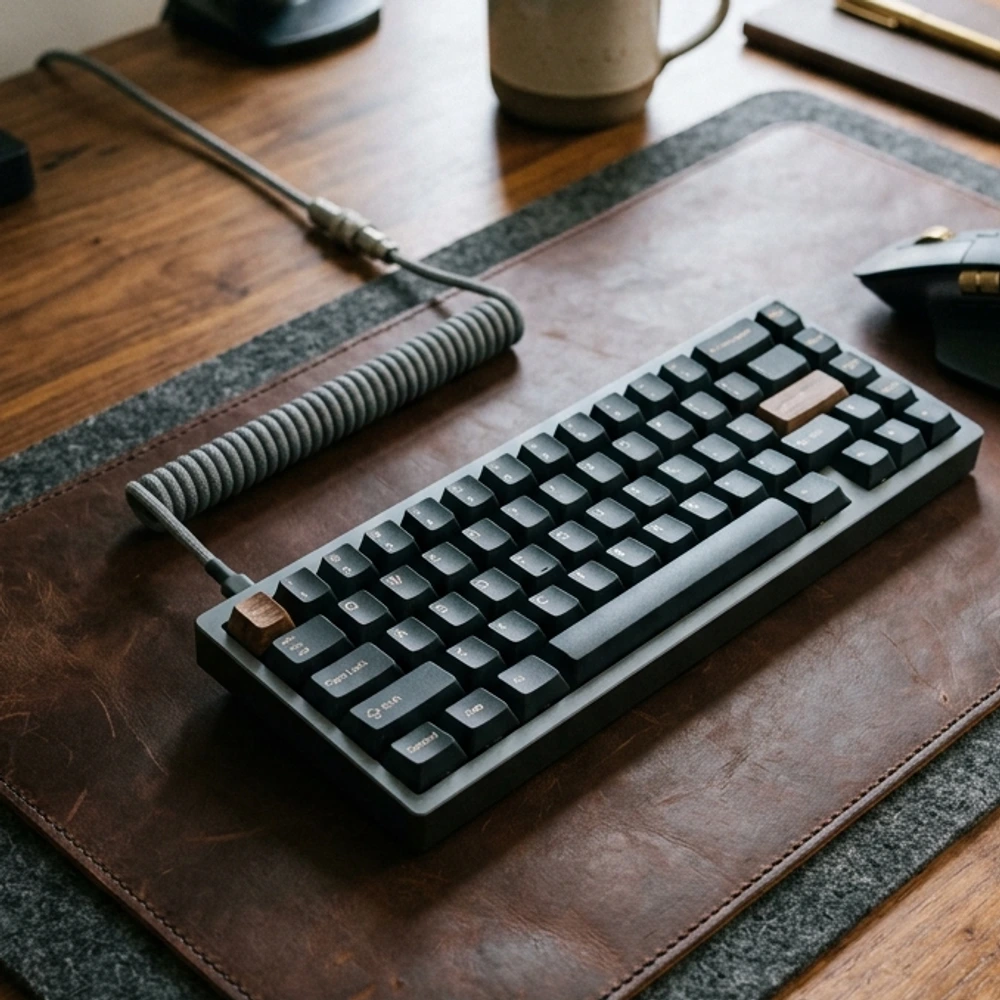 Dark brown full grain leather desk pad layered over a textured charcoal wool felt mat