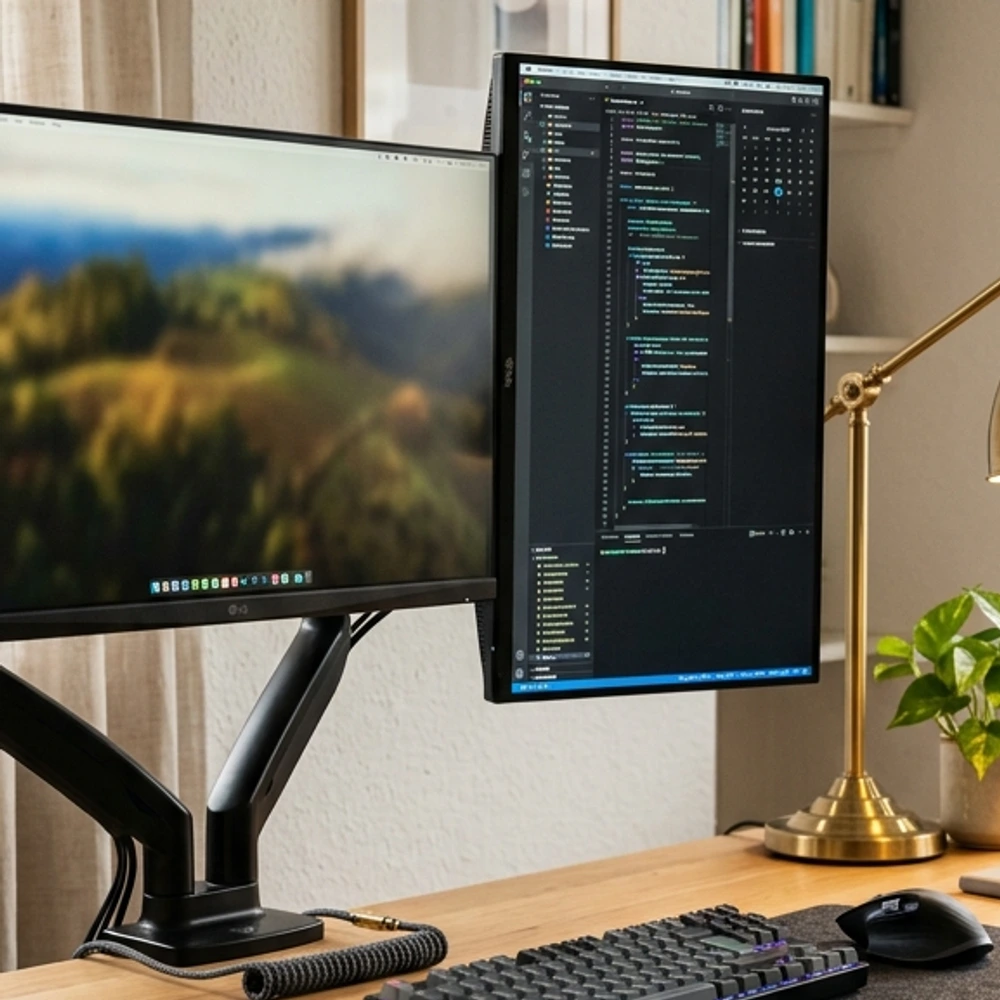 Sleek matte black heavy duty monitor arm holding a 32 inch display over an empty desk