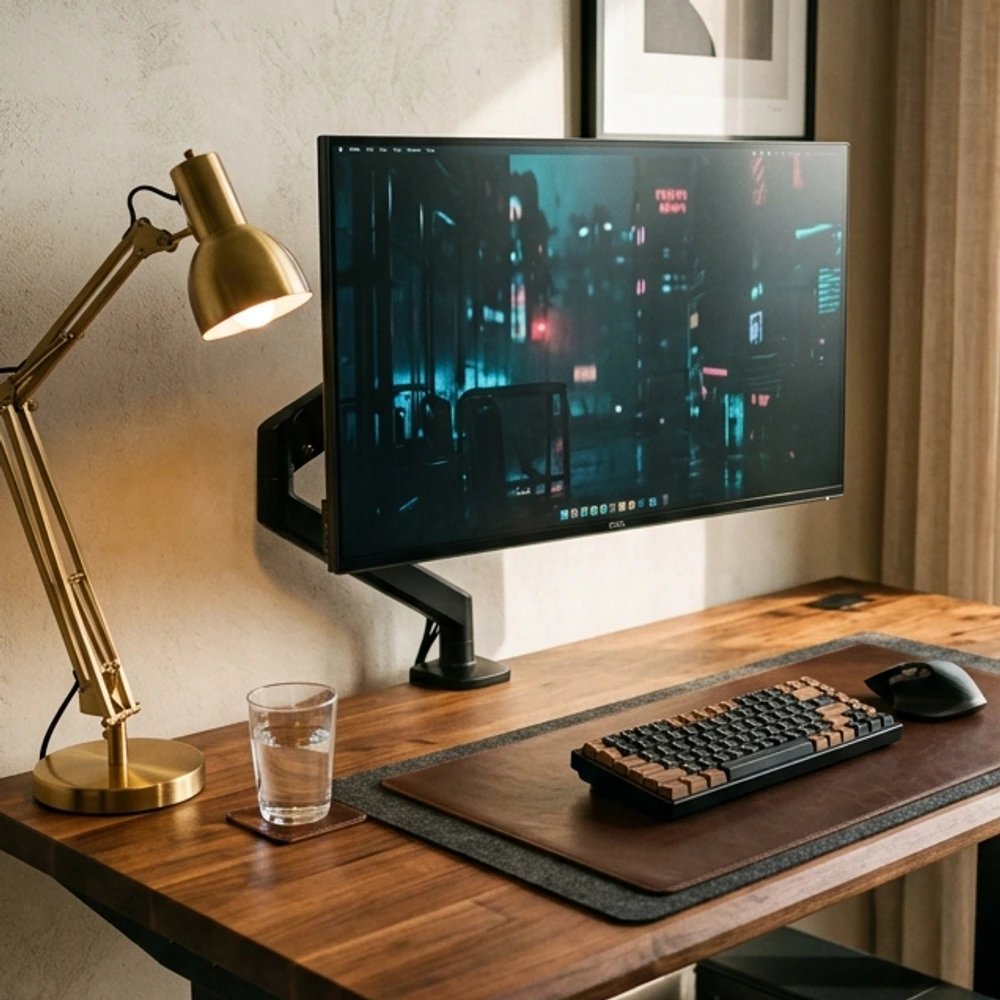 Solid walnut butcher block tabletop with chamfered edge supported by matte black desk legs