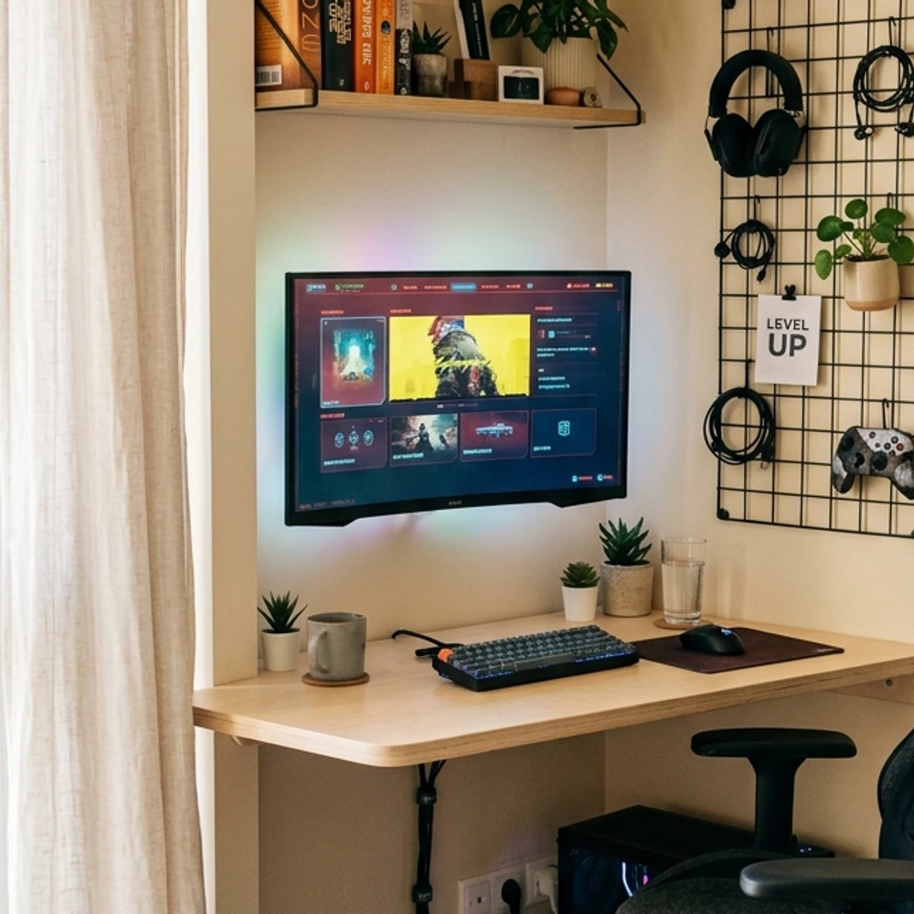 Compact birch floating corner desk built into a bedroom wall nook with single monitor