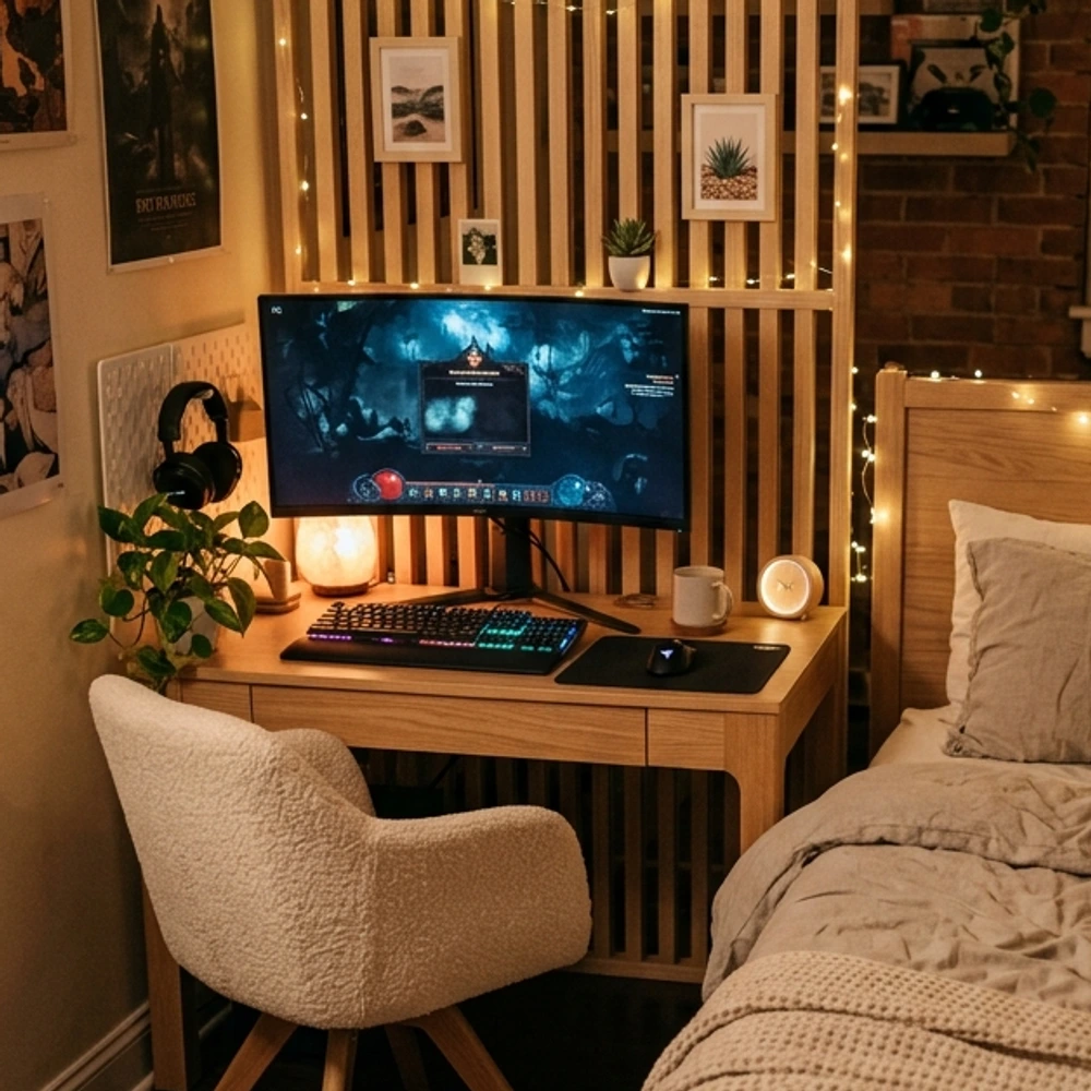 Cozy wooden loft bed with an integrated compact gaming desk setup underneath