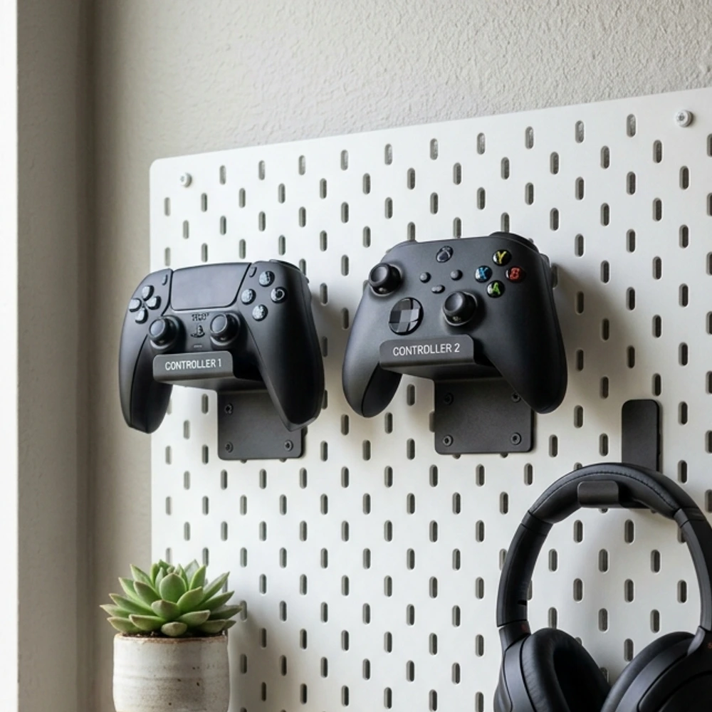Matte black wire wall grid holding gaming headsets and hanging wire storage baskets