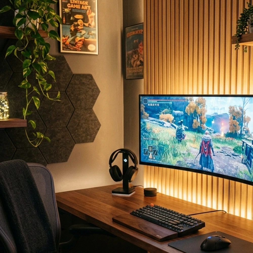 Curved 34 inch ultrawide monitor mounted flush against a wall over a slim depth desk