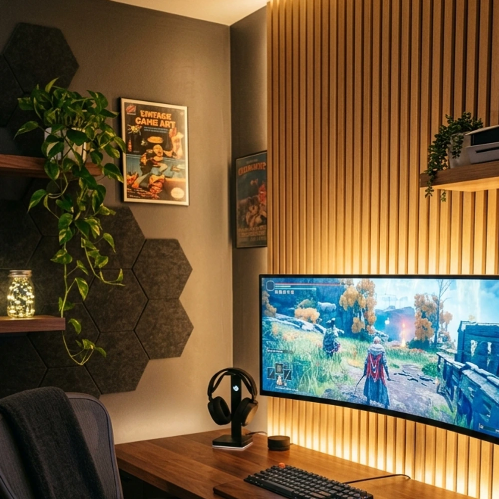 Warm gaming room with vertical oak wood slat wall behind an ultrawide desk setup