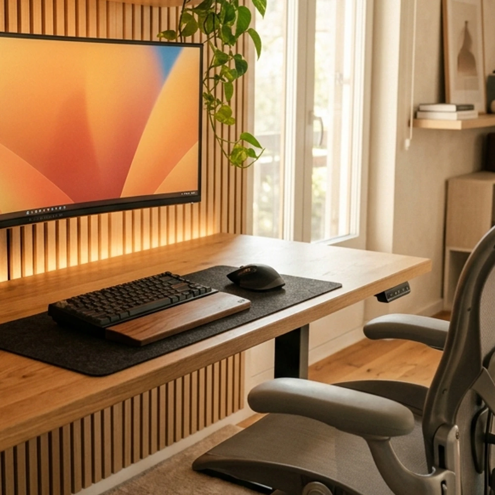 Compact matte black mini fridge and walnut drink cart in the corner of a modern den