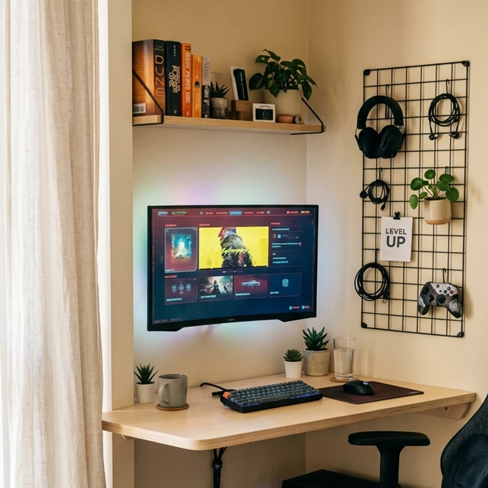 L-shaped corner wooden desk with curved screen and ergonomic grey mesh chair