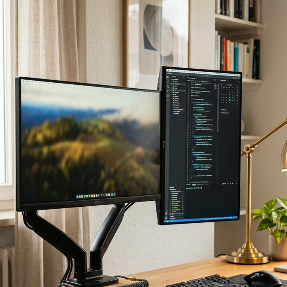 Dual computer monitors mounted on a heavy duty black desk arm over a clean oak desk