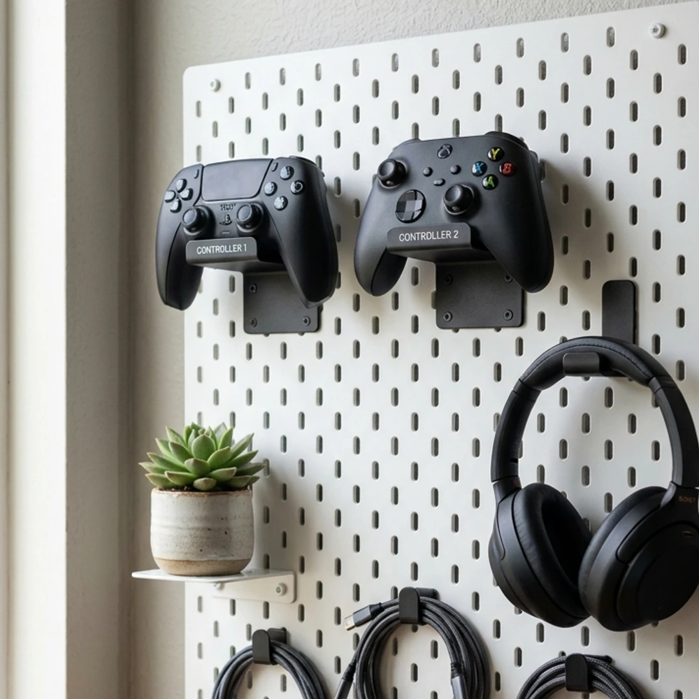 White metal pegboard holding black game controllers, wireless headphones, and coiled cables