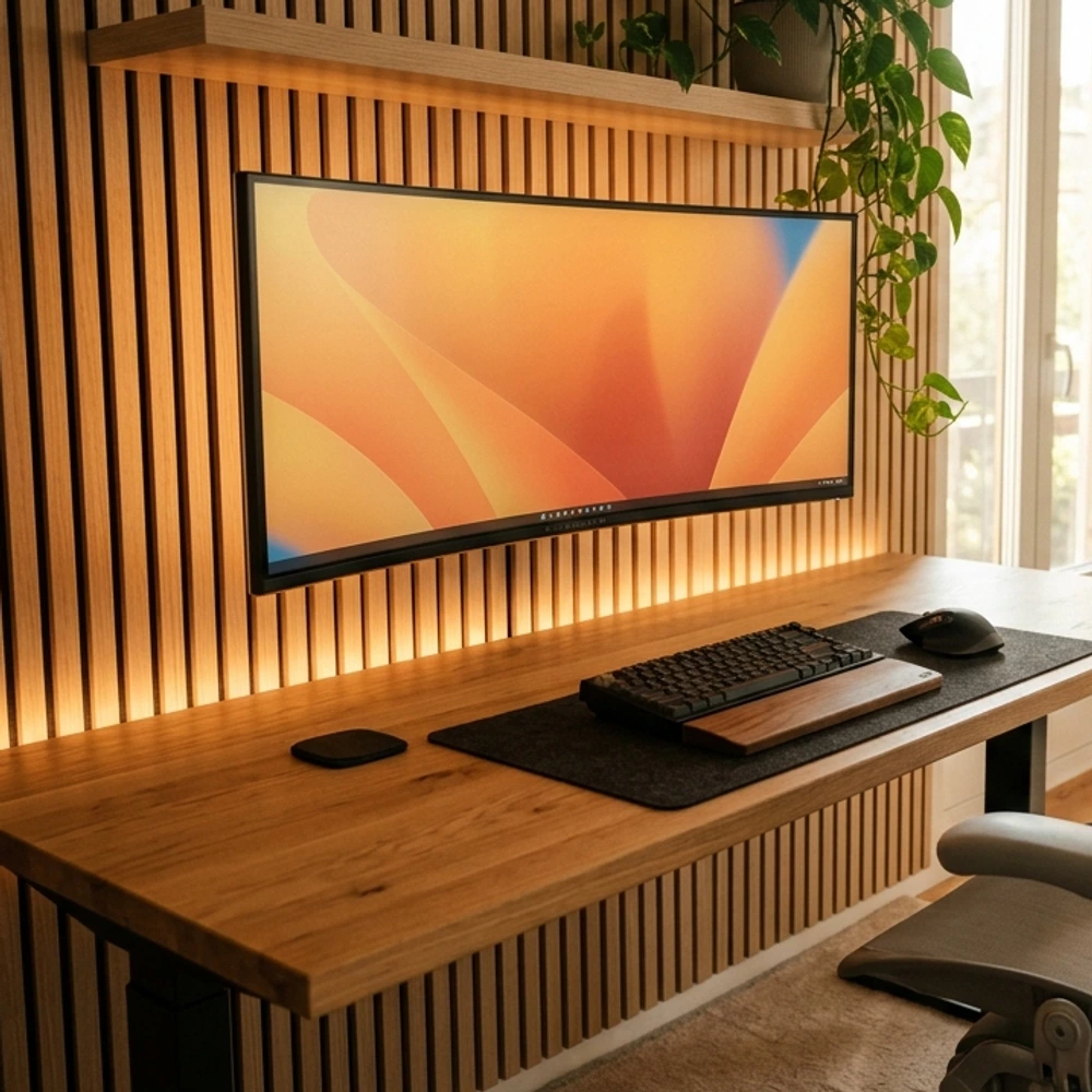 Warm 2700K amber LED strip mounted behind a dark wooden desk casting a soft wall glow